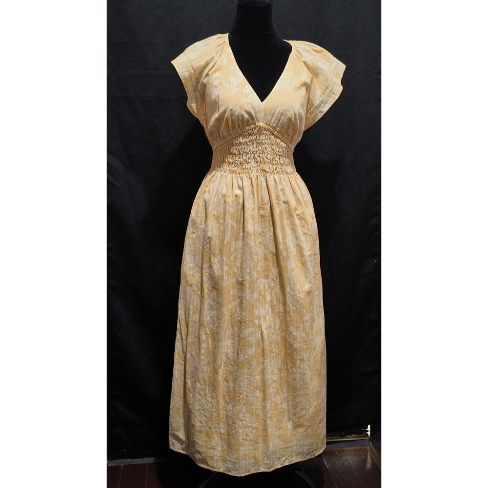 Universal Thread Yellow Floral Smocked Waist Midi Dress XS Flutter Sleeve V-Neck